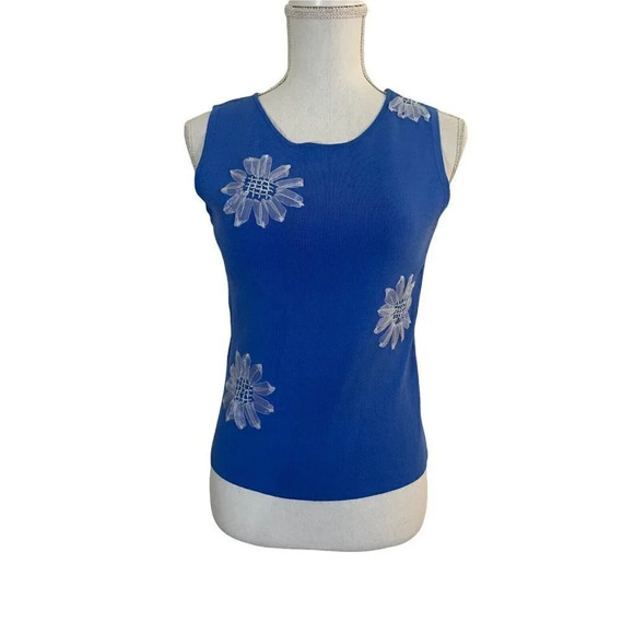 Joseph A. Blue Tank Top with White Flower Applique Medium Women's - Picture 1 of 11